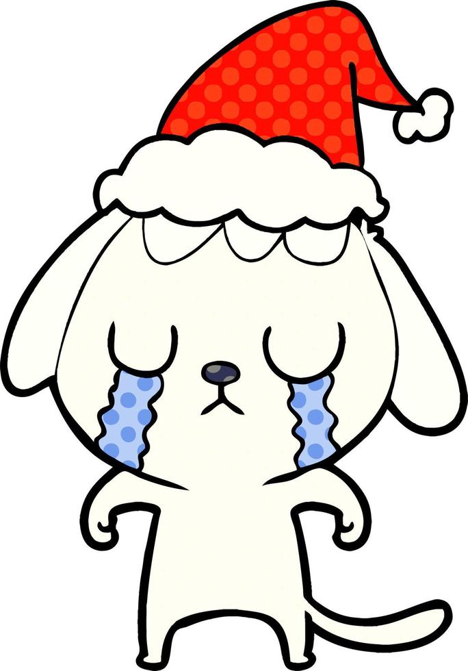 cute comic book style illustration of a dog crying wearing santa hat vector