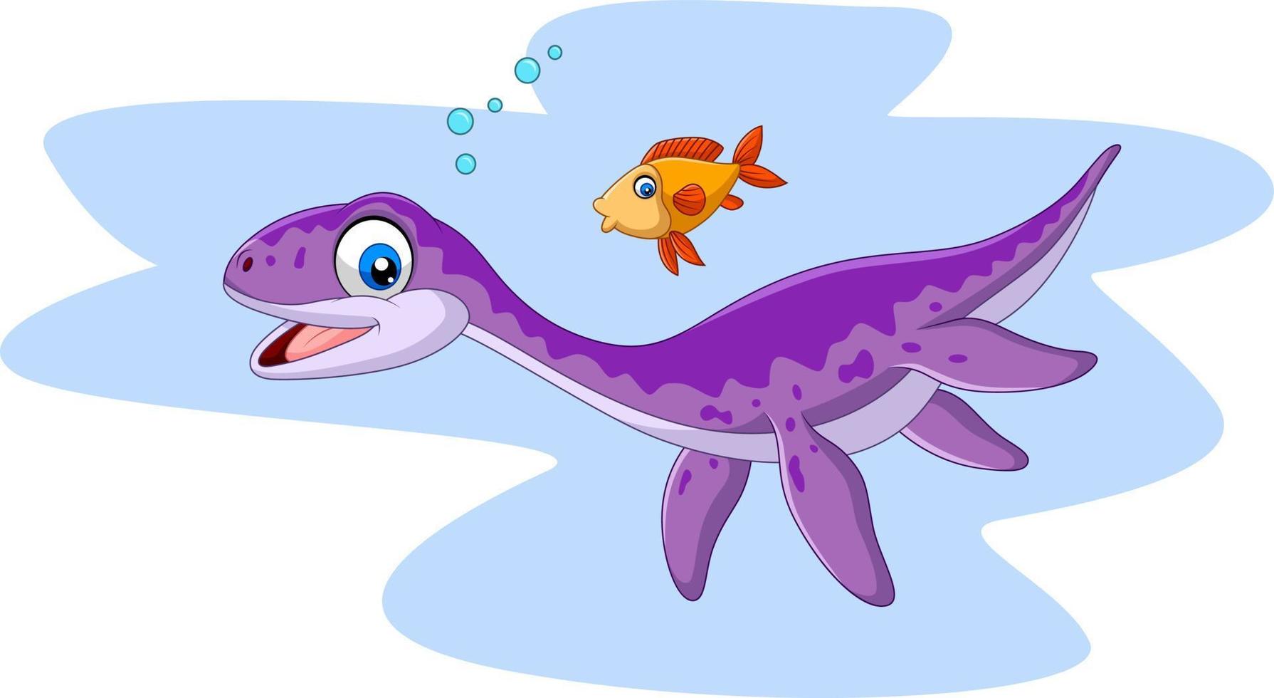 Cartoon smiling plesiosaurus and fish vector