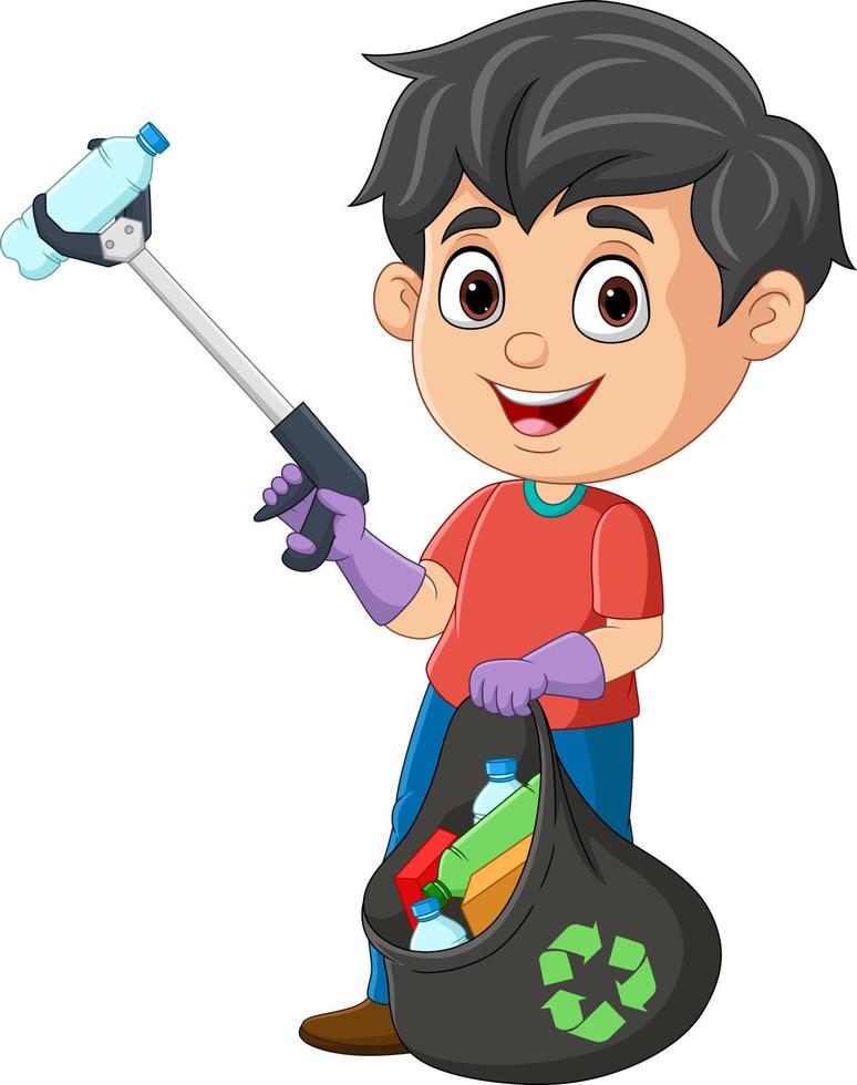 Cartoon boy collecting plastic garbage with litter stick vector