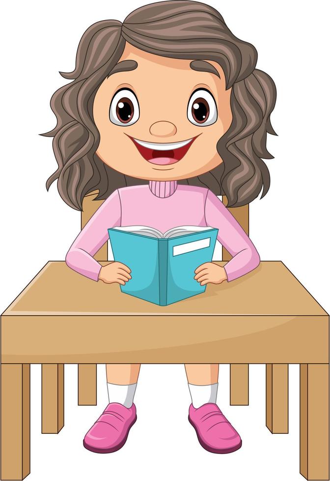 niña de dibujos animados leyendo un libro en el escritorio vector