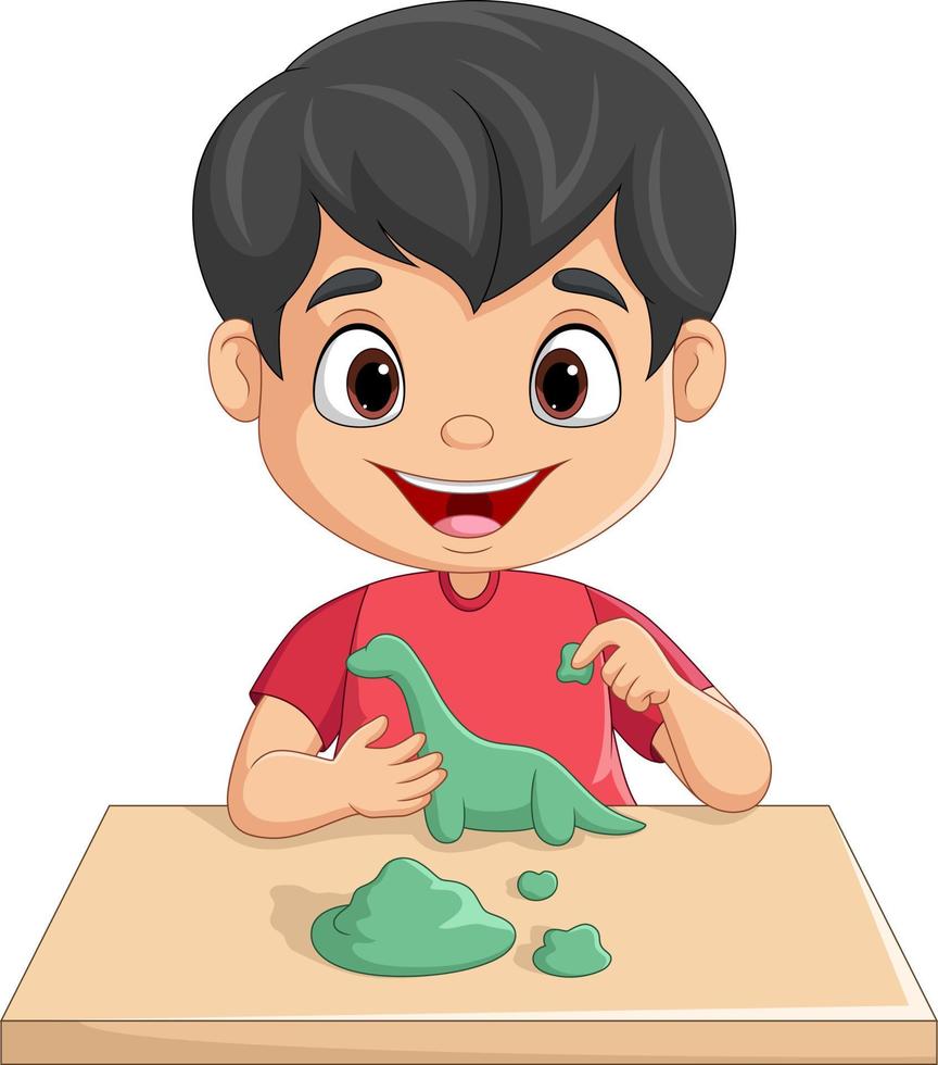 Cute little boy making dinosaur from clay vector