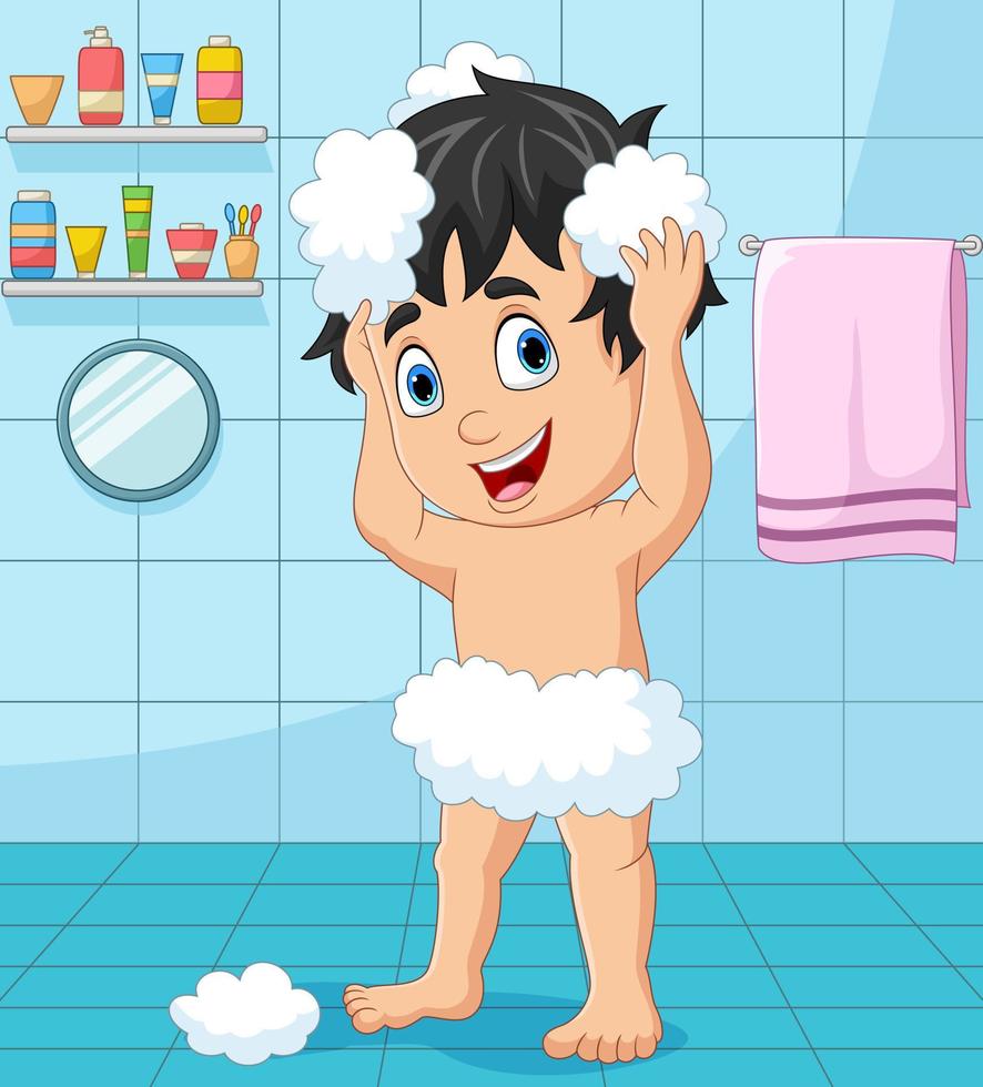 niño pequeño de dibujos animados tomando un baño vector