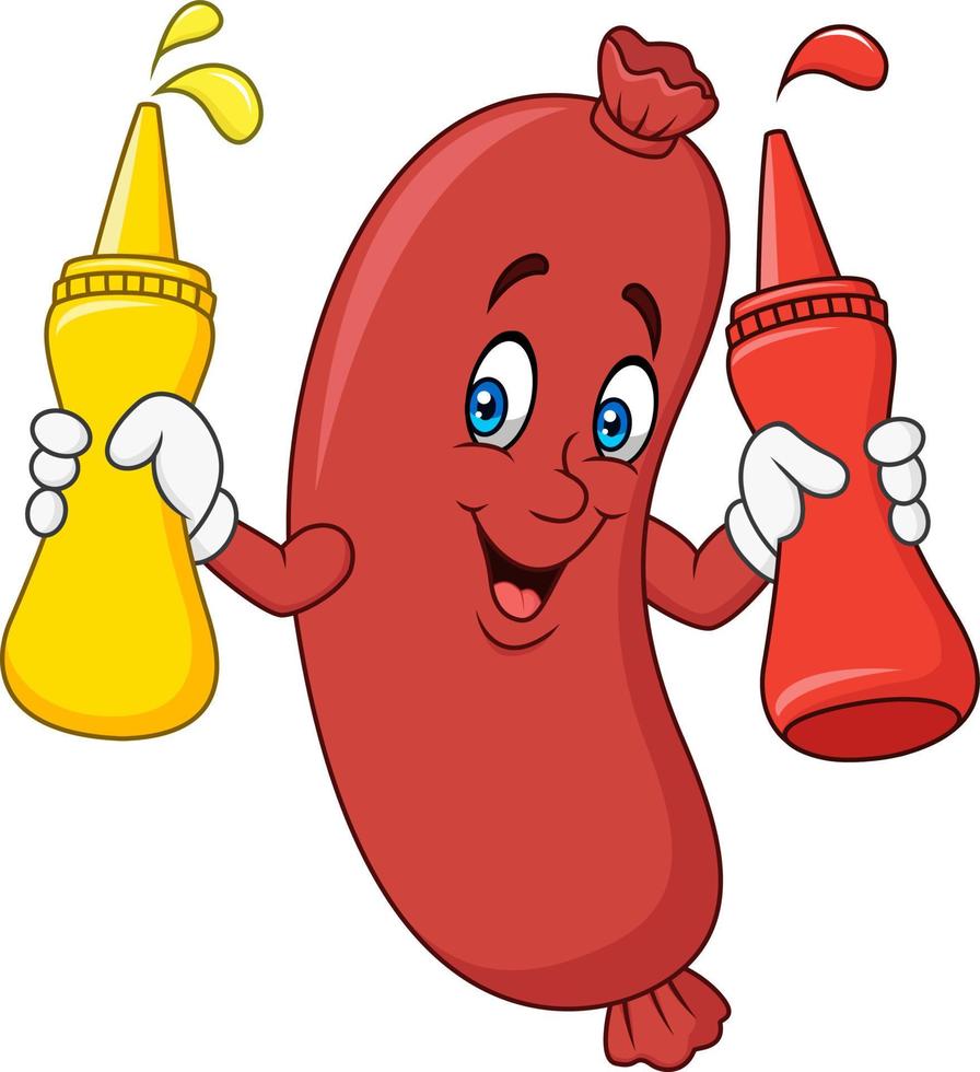 Cartoon sausage with mustard sauce, ketchup squeeze bottles vector