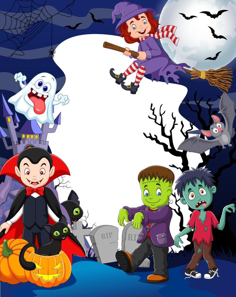 Group of kids wearing halloween costumes on halloween night vector