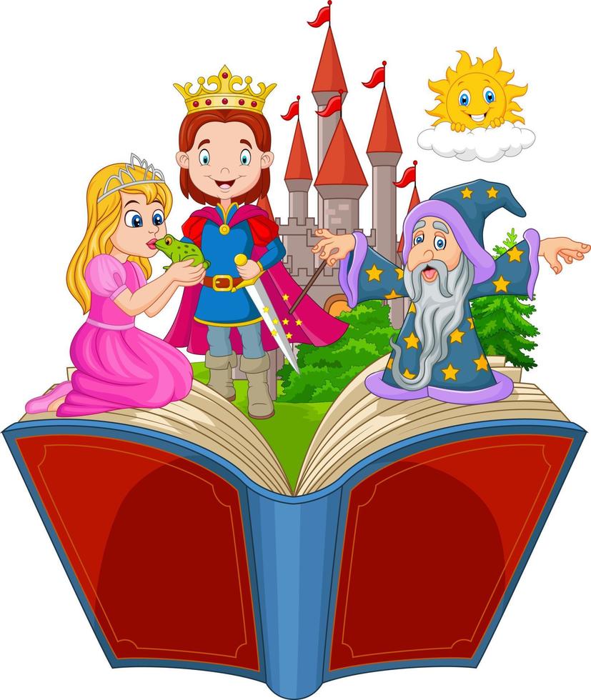 Cartoon open book with frog prince story vector