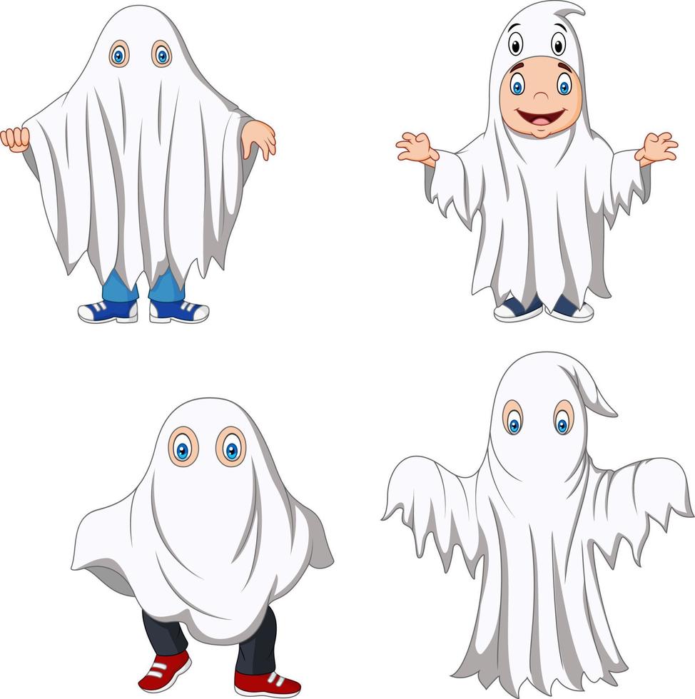 Cartoon kid with ghost costume collection vector