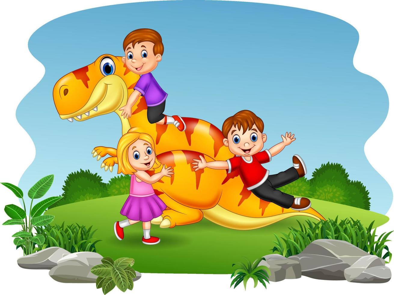 Cartoon little kid playing on the dinosaur vector