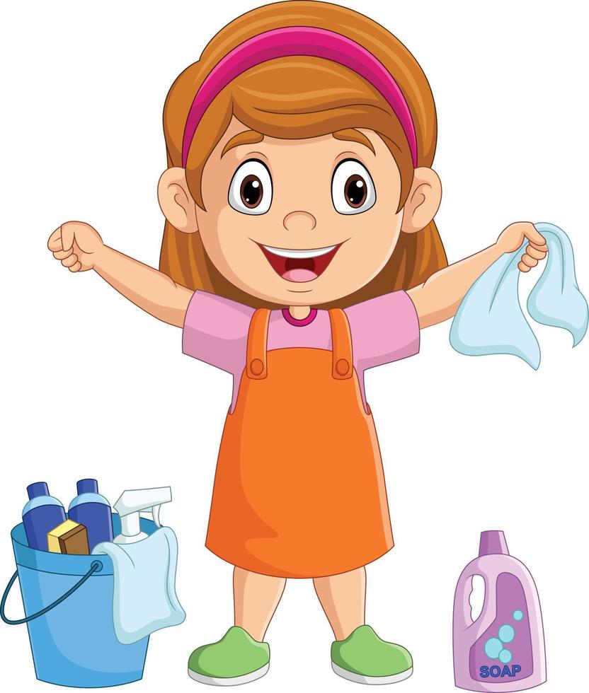 Cartoon little girl with bucket and clean-up tools vector