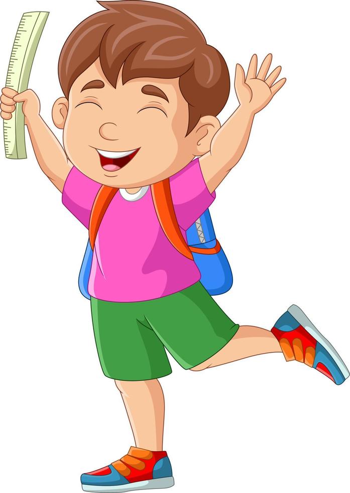 niño feliz de dibujos animados con mochila y regla vector