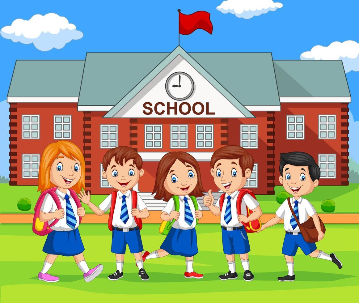 Happy school children in front of building school vector