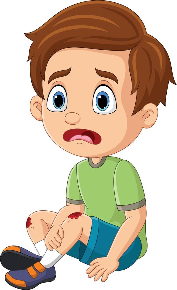 Cartoon little boy crying with scraped knee vector