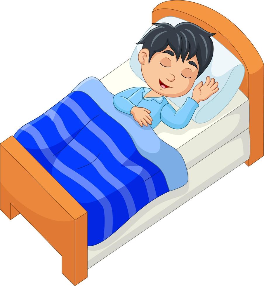 Cartoon smile little boy sleeping in the bed vector