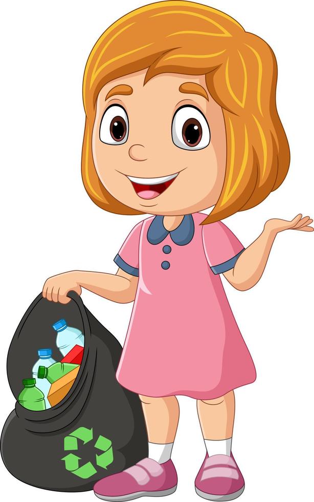 Cartoon girl gathering bottles into garbage bag vector