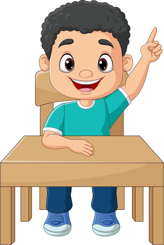niño pequeño de dibujos animados sentado en la mesa con apuntando hacia arriba vector