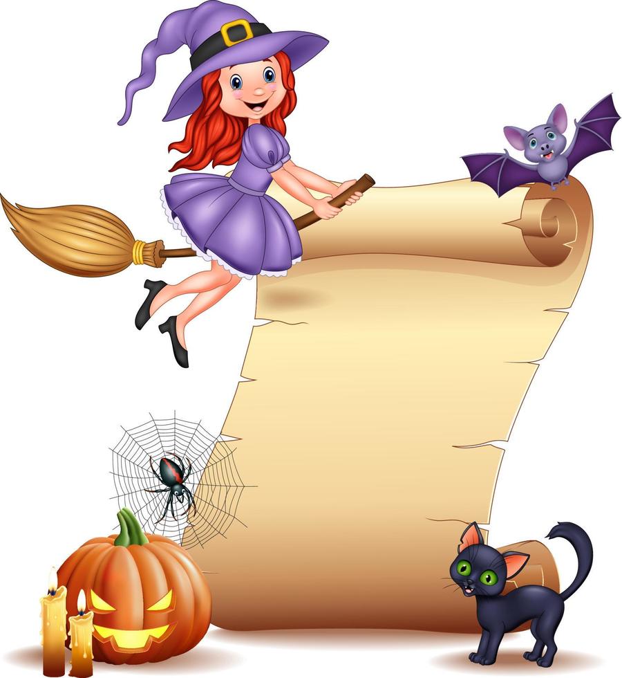 cartel de halloween con brujita, murciélago, telaraña, velas, calabaza y gato negro vector