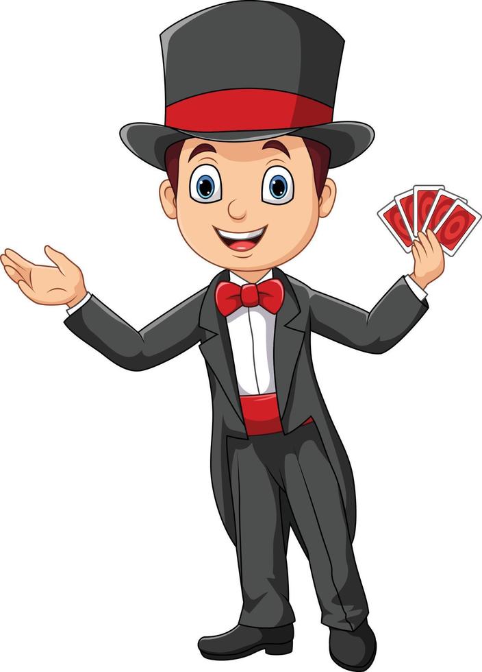 Cartoon little magician playing cards vector