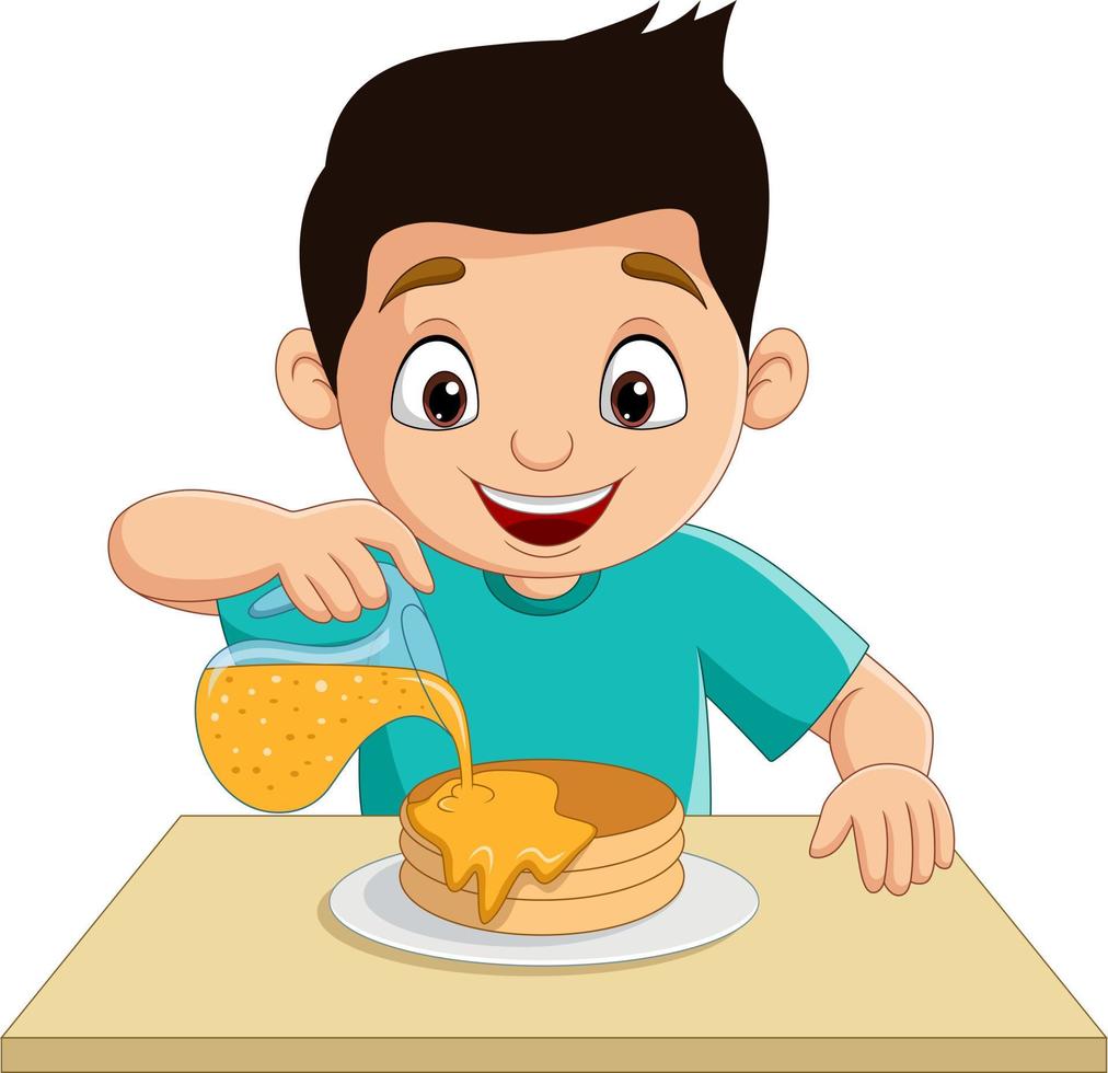 Cartoon little boy flowing maple syrup on pancakes vector