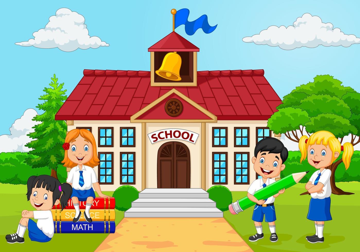 Cartoon group of elementary school kids in the school yard vector