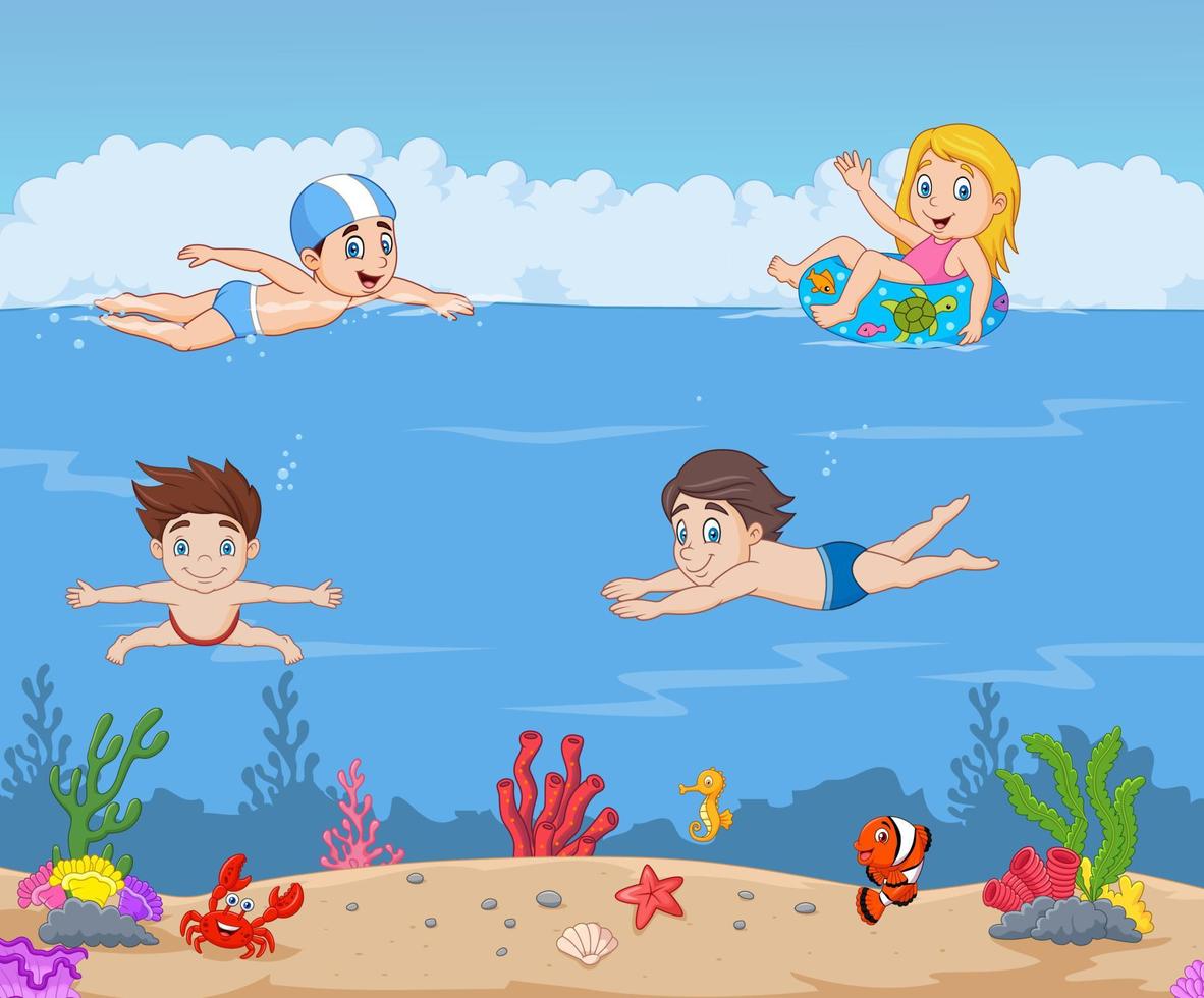 niños de dibujos animados nadando en el océano tropical vector