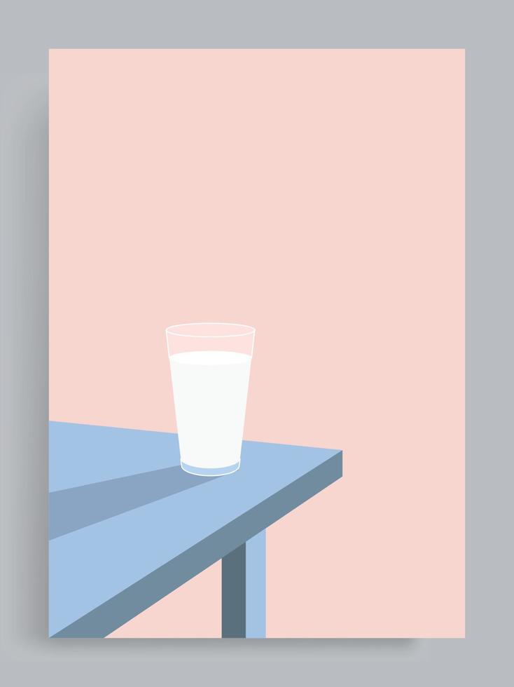 Simple minimalist pastel background. A glass of milk on a blue table on a bright pink background. Suitable for book covers, banners, posters, decorations, flyers, web. vector