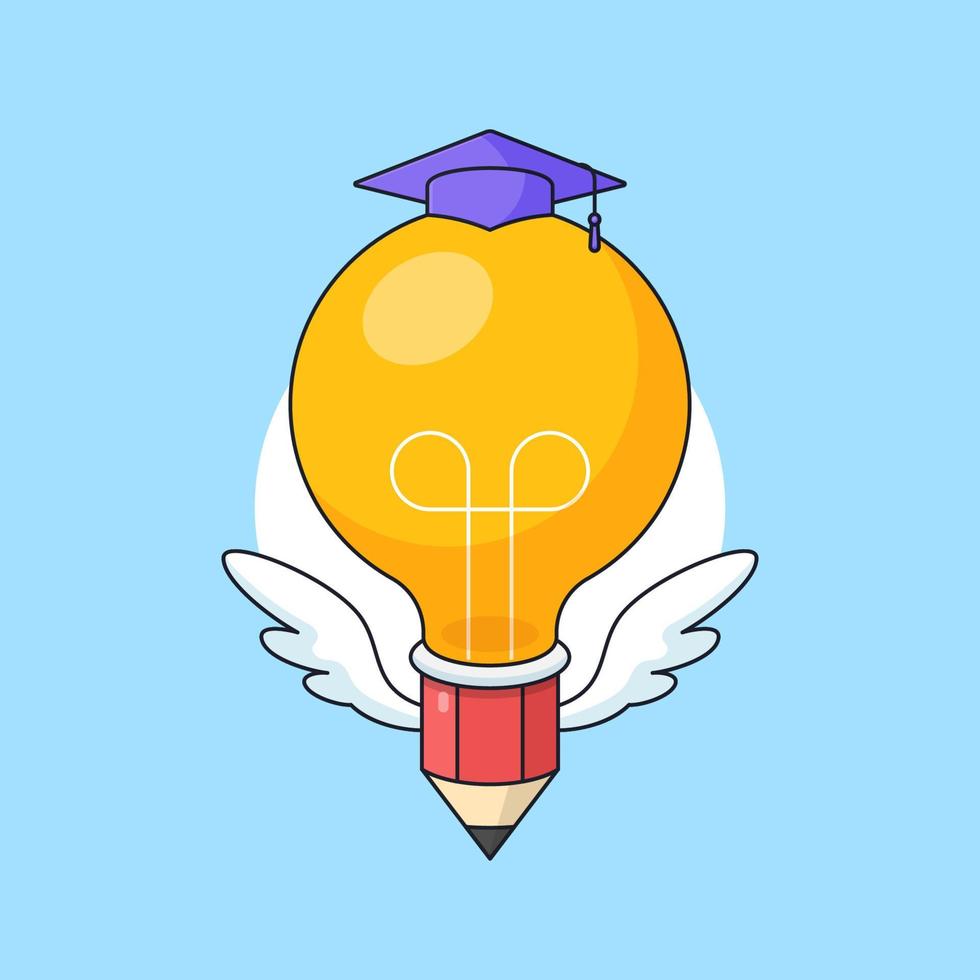 lápiz de lámpara de bombilla de cabeza grande voladora con ala y sombrero de toga ilustración vectorial para el diseño de concepto visual de educación inteligente vector