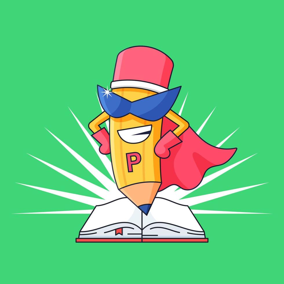 mascota de superhéroe de lápiz con ilustración de vector de libro abierto para diseño de aprendizaje de espíritu preescolar