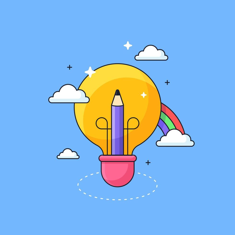 lápiz dentro de la bombilla y el arco iris de nubes para niños imaginación creativa concepto visual ilustración vectorial vector