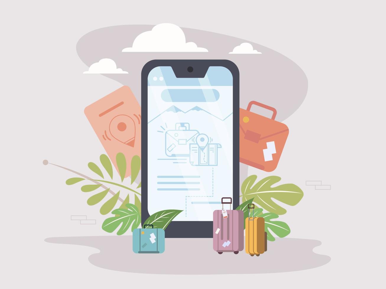 Buy air tickets with smartphone and luggage around. nature destination. vector