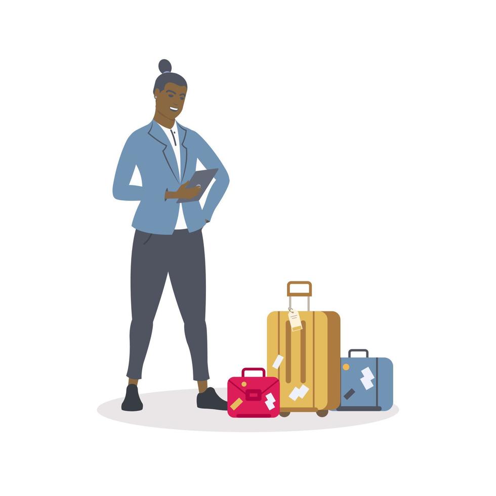 hombre negro de negocios que trabaja en el aeropuerto y su equipaje a su lado en un fondo blanco aislado. vector