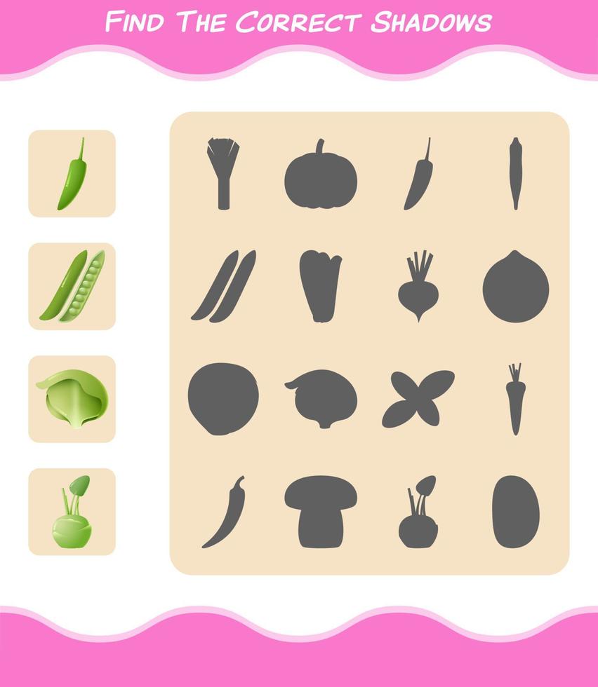 Find the correct shadows of cartoon vegetables. Searching and Matching game. Educational game for pre shool years kids and toddlers vector