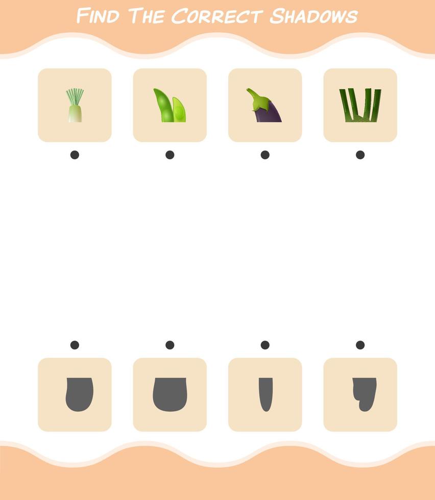 encuentra las sombras correctas de las verduras de dibujos animados. juego de búsqueda y combinación. juego educativo para niños y niños pequeños en edad preescolar vector