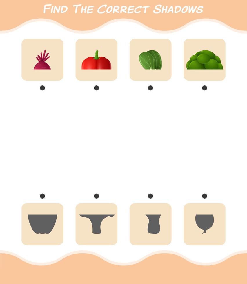 encuentra las sombras correctas de las verduras de dibujos animados. juego de búsqueda y combinación. juego educativo para niños y niños pequeños en edad preescolar vector