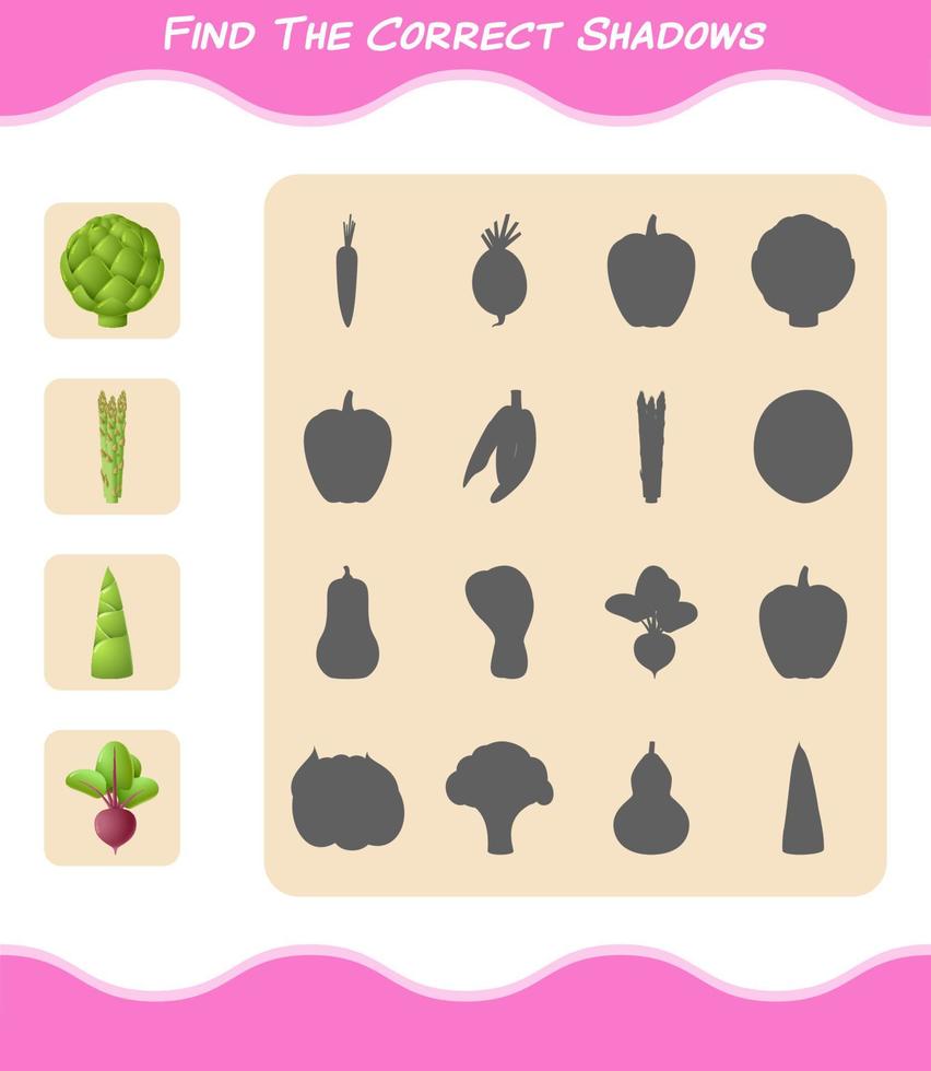 Find the correct shadows of cartoon vegetables. Searching and Matching game. Educational game for pre shool years kids and toddlers vector