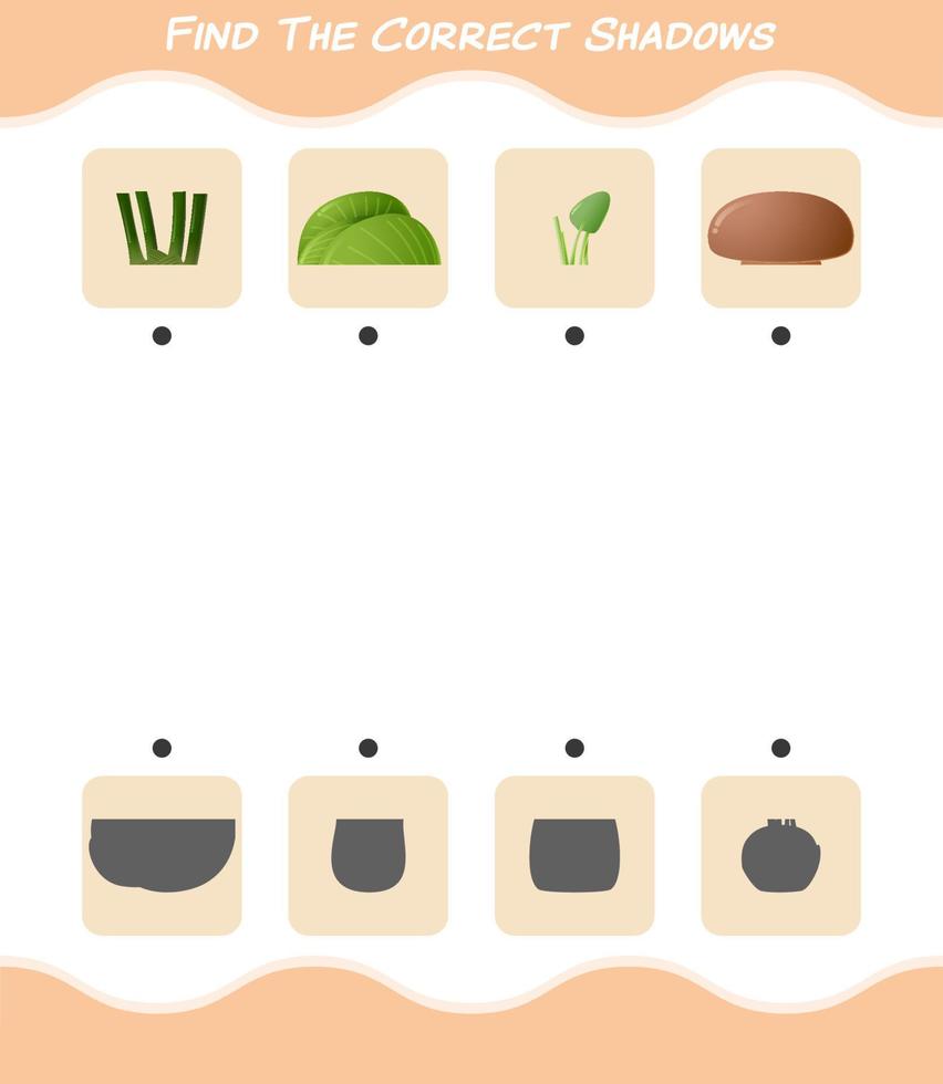 Find the correct shadows of cartoon vegetables. Searching and Matching game. Educational game for pre shool years kids and toddlers vector