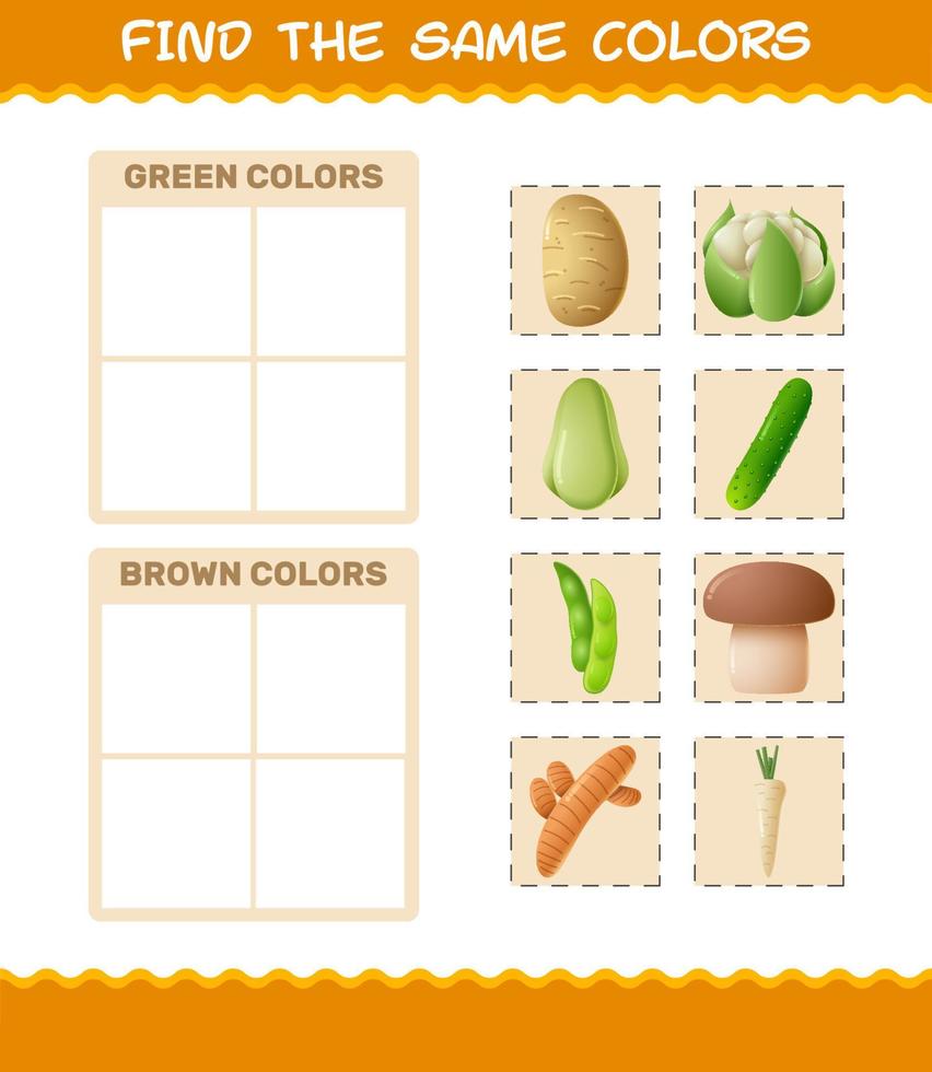 encontrar los mismos colores de las verduras. juego de búsqueda y emparejamiento. juego educativo para niños y niños pequeños en edad preescolar vector