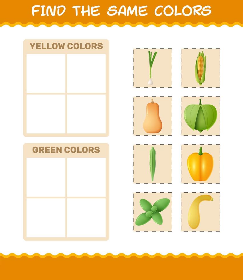 Find the same colors of vegetables. Searching and Matching game. Educational game for pre shool years kids and toddlers vector