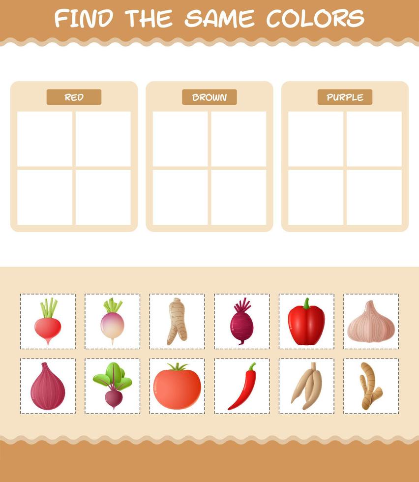 encontrar los mismos colores de las verduras. juego de búsqueda y emparejamiento. juego educativo para niños y niños pequeños en edad preescolar vector