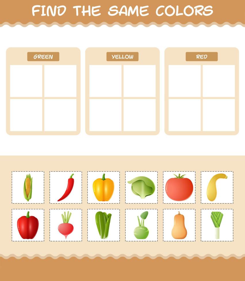 encontrar los mismos colores de las verduras. juego de búsqueda y emparejamiento. juego educativo para niños y niños pequeños en edad preescolar vector