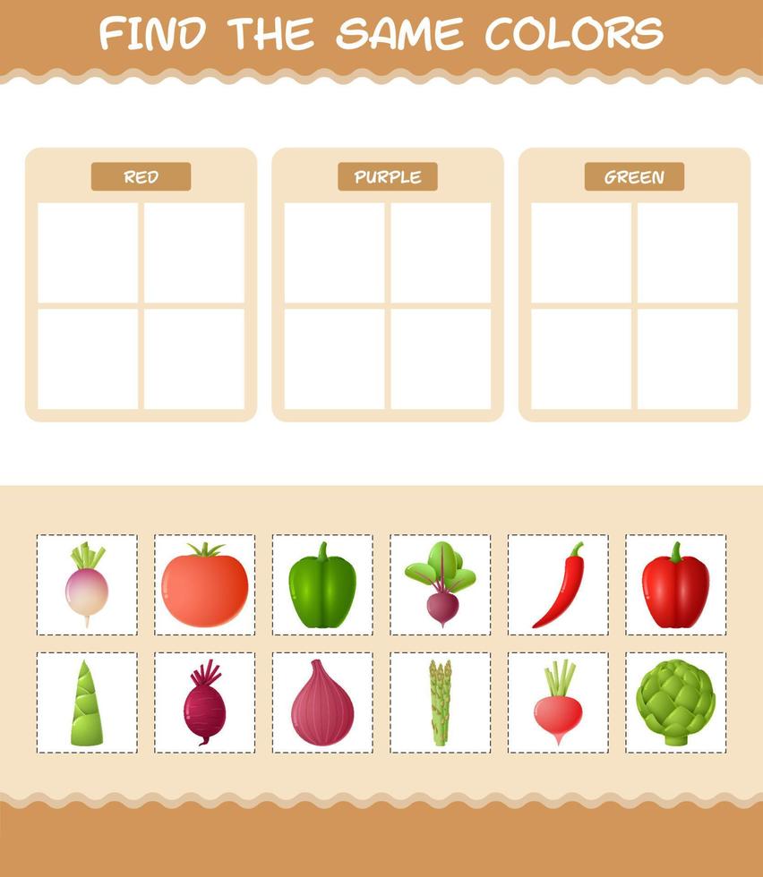 Find the same colors of vegetables. Searching and Matching game. Educational game for pre shool years kids and toddlers vector
