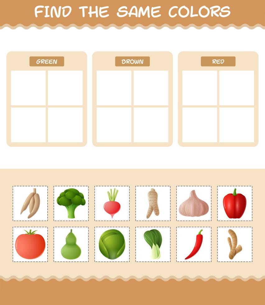 encontrar los mismos colores de las verduras. juego de búsqueda y emparejamiento. juego educativo para niños y niños pequeños en edad preescolar vector