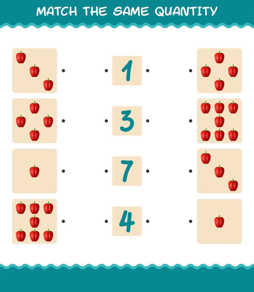 Match the same quantity of bell pepper. Counting game. Educational game for pre shool years kids and toddlers vector