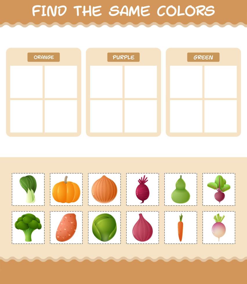 encontrar los mismos colores de las verduras. juego de búsqueda y emparejamiento. juego educativo para niños y niños pequeños en edad preescolar vector