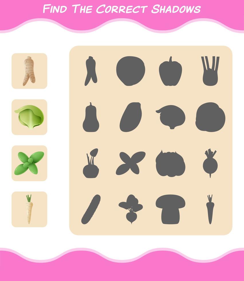 Find the correct shadows of cartoon vegetables. Searching and Matching game. Educational game for pre shool years kids and toddlers vector