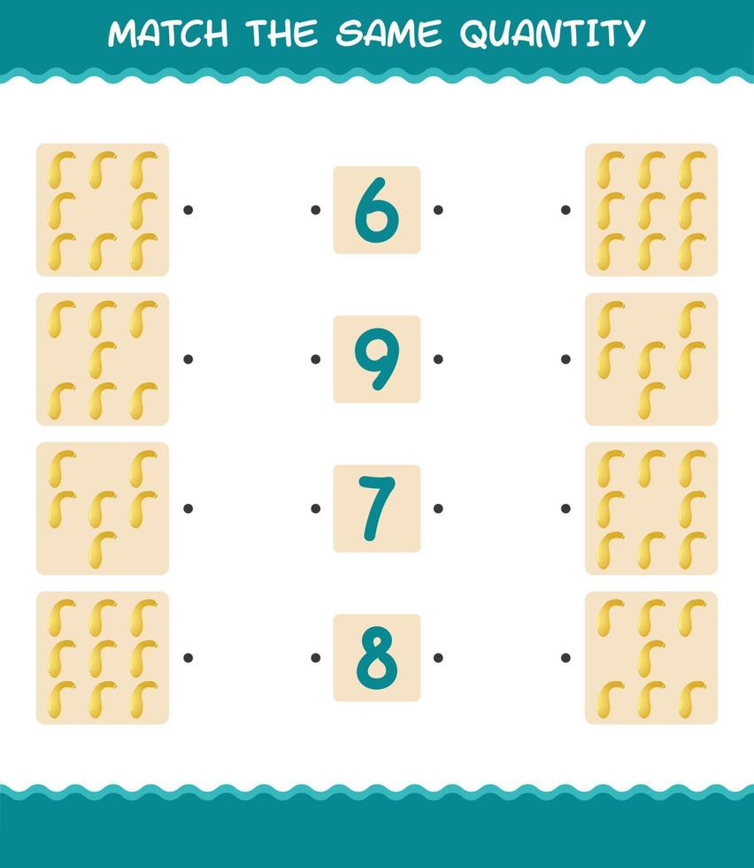 Match the same quantity of crookneck squash. Counting game. Educational game for pre shool years kids and toddlers vector