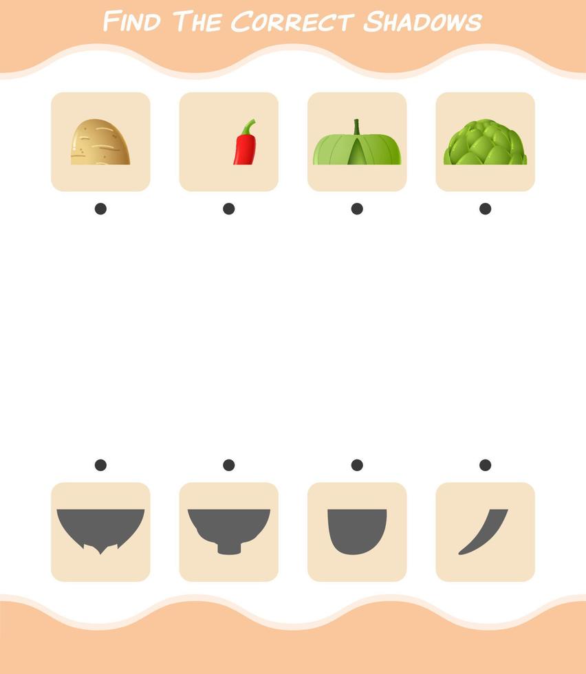 encuentra las sombras correctas de las verduras de dibujos animados. juego de búsqueda y combinación. juego educativo para niños y niños pequeños en edad preescolar vector