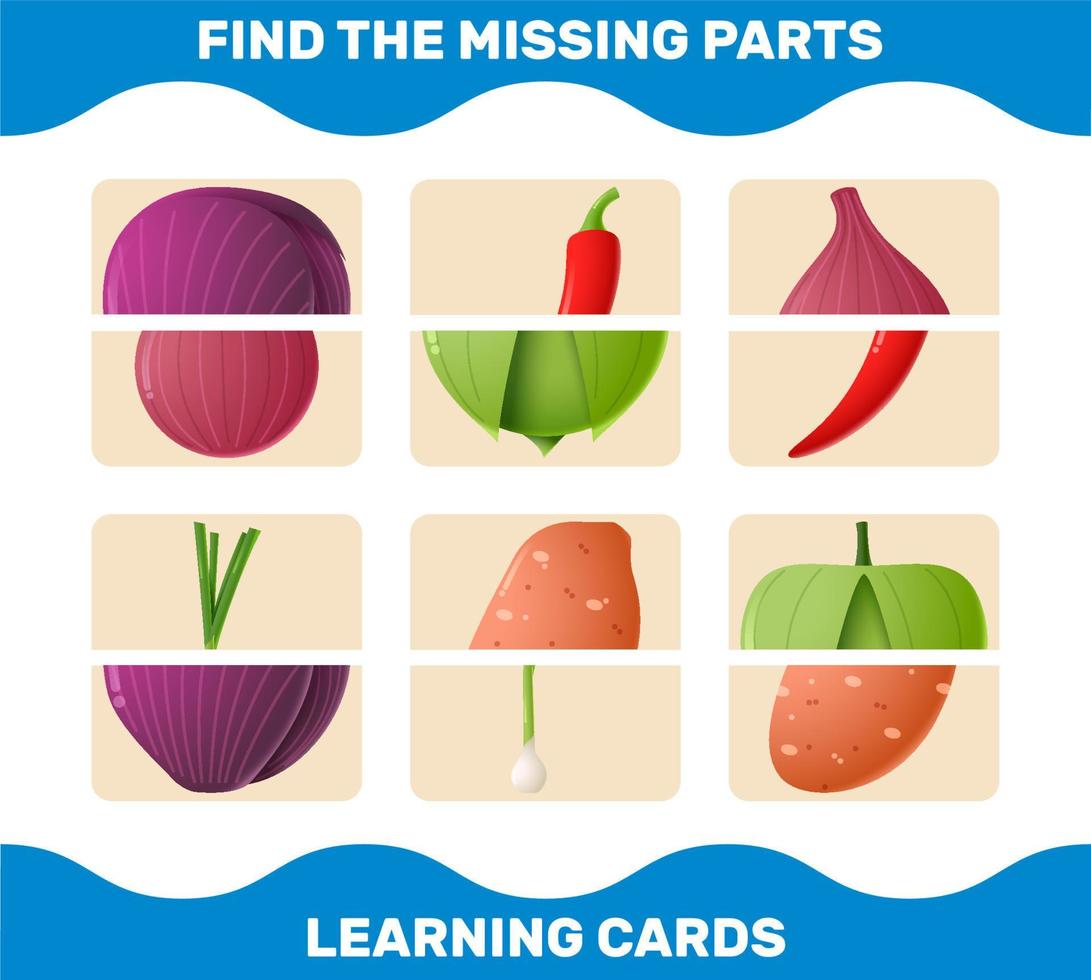 Match cartoon vegetables parts. Matching game. Educational game for pre shool years kids and toddlers vector