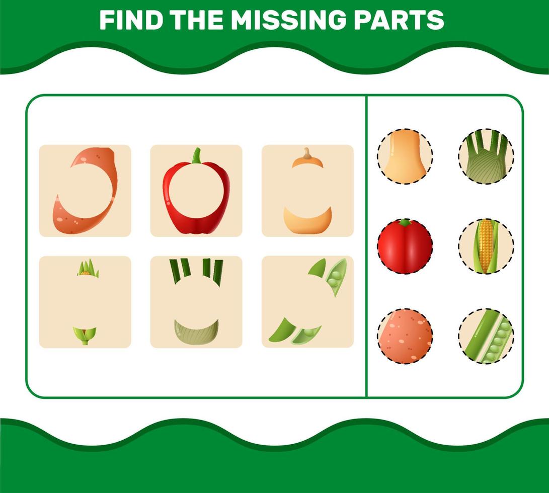 Match cartoon vegetables parts. Matching game. Educational game for pre shool years kids and toddlers vector