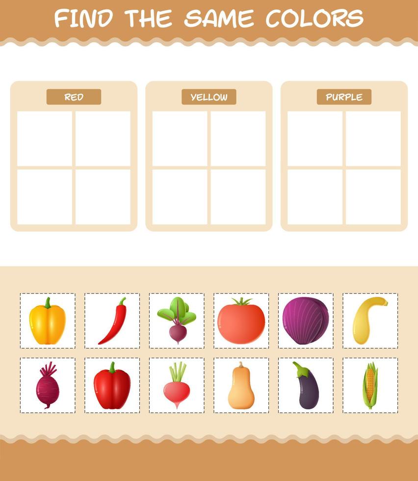 encontrar los mismos colores de las verduras. juego de búsqueda y emparejamiento. juego educativo para niños y niños pequeños en edad preescolar vector