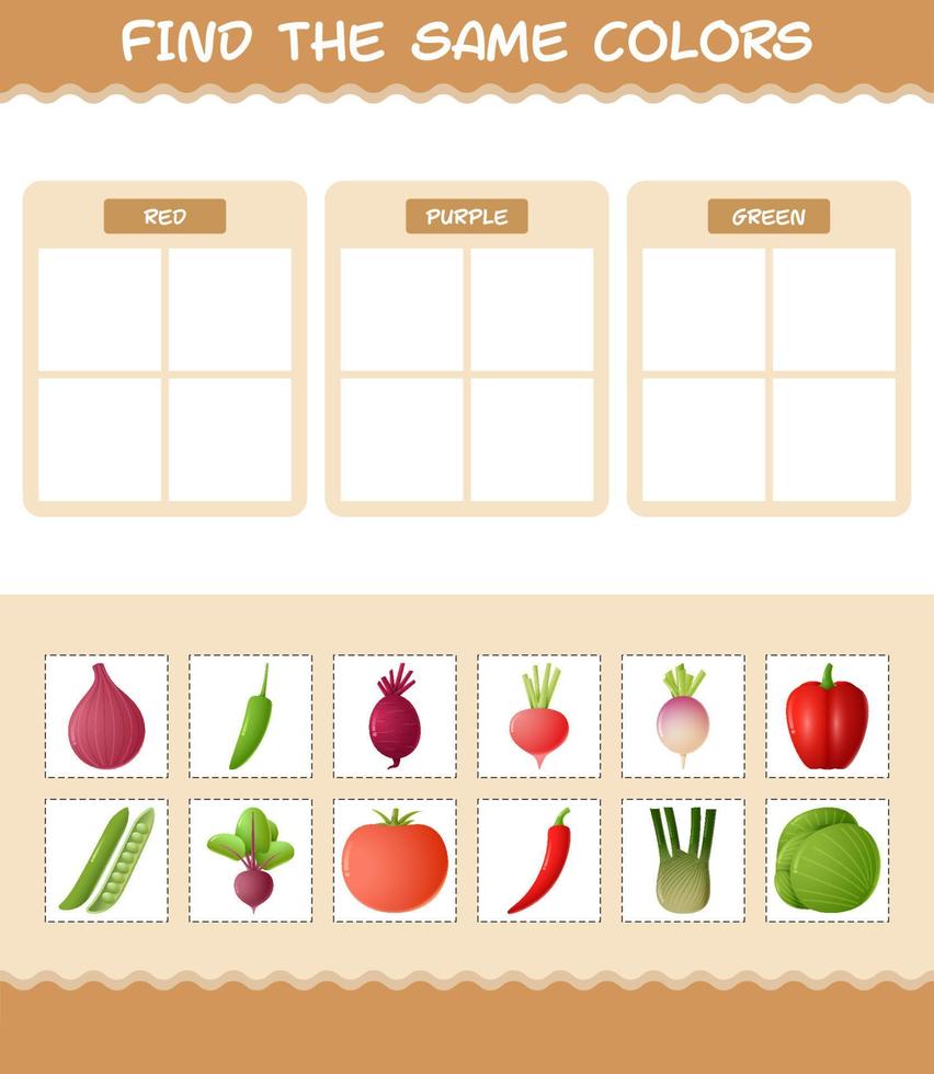 Find the same colors of vegetables. Searching and Matching game. Educational game for pre shool years kids and toddlers vector