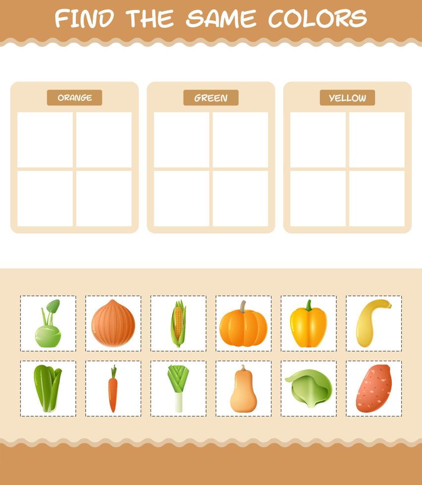 Find the same colors of vegetables. Searching and Matching game. Educational game for pre shool years kids and toddlers vector